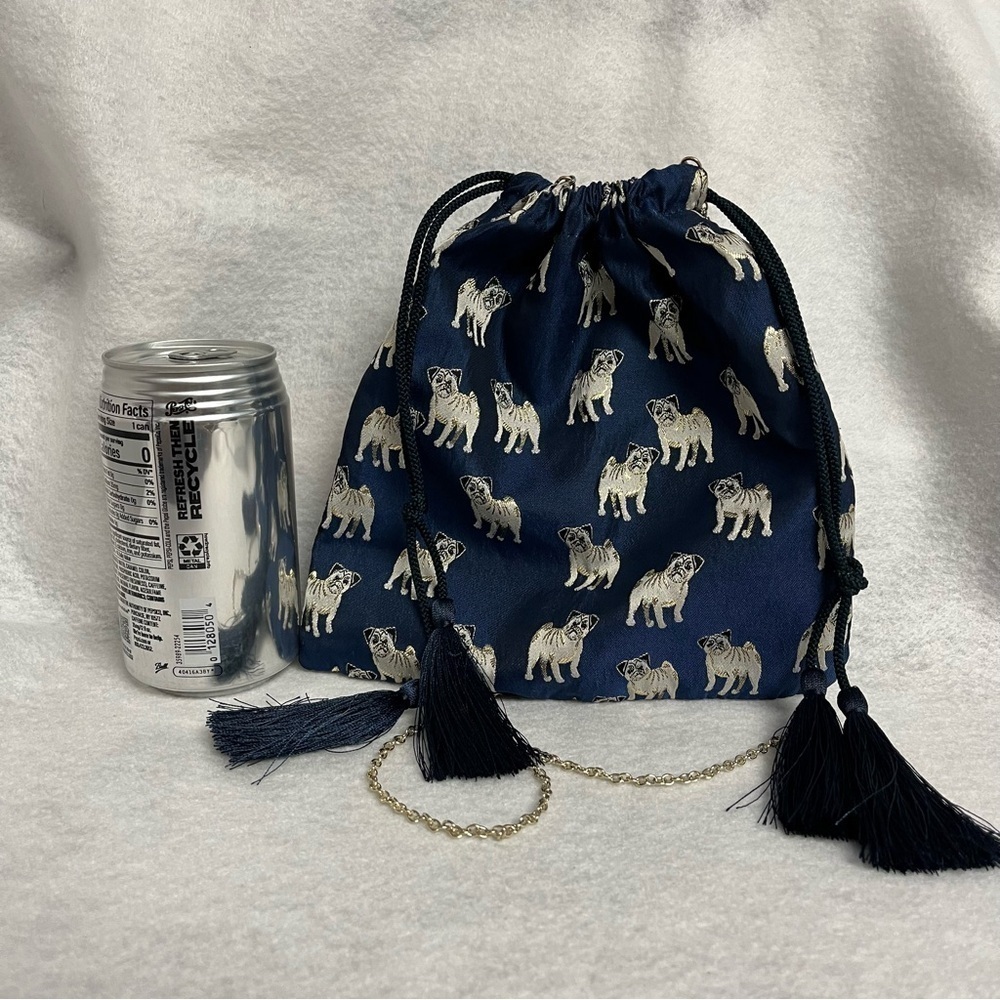 RYTHME KUMIKYOKU Blue Jacquard Drawstring Pouch Bag Pug Dog Puppy Chain Strap - Picture 10 of 12